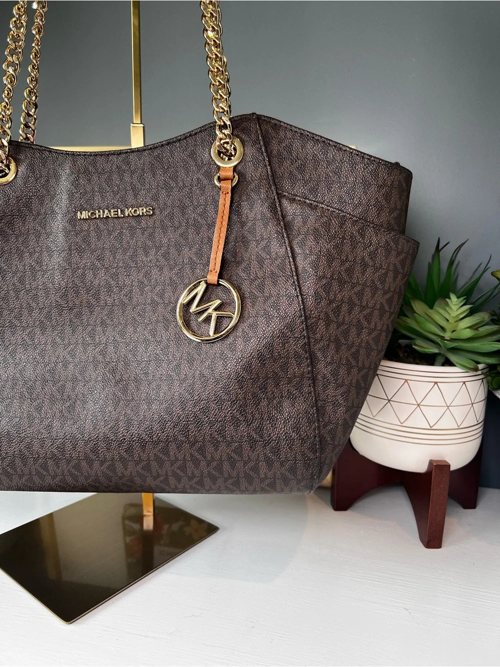Michael Kors Jet Set Travel Brown Signature Logo Chain Shoulder Tote Bag